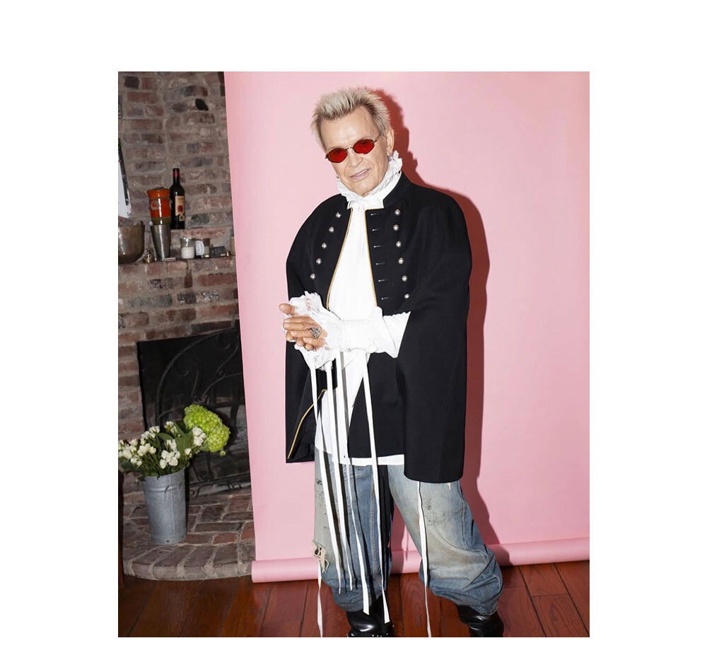 Musician Billy Idol wearing The Carol Rectangular Sunglass in Gun Metal/Gold.