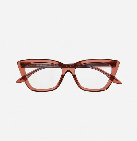 Image of 1241 Cat Eye Opticals in Rhubard on grey background