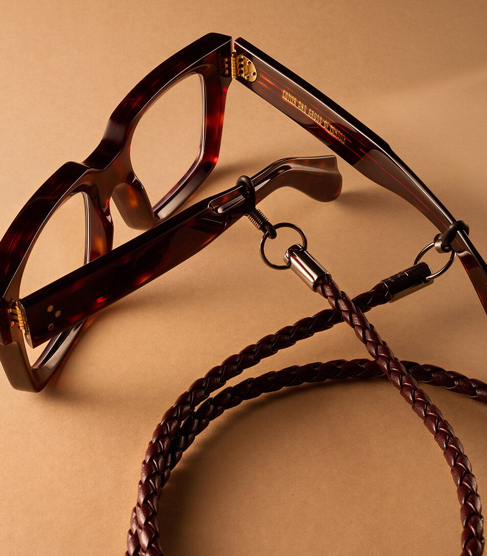 1386 Square Opticals in Dark Turtle Paired with Leather Cord in Warm Walnut.