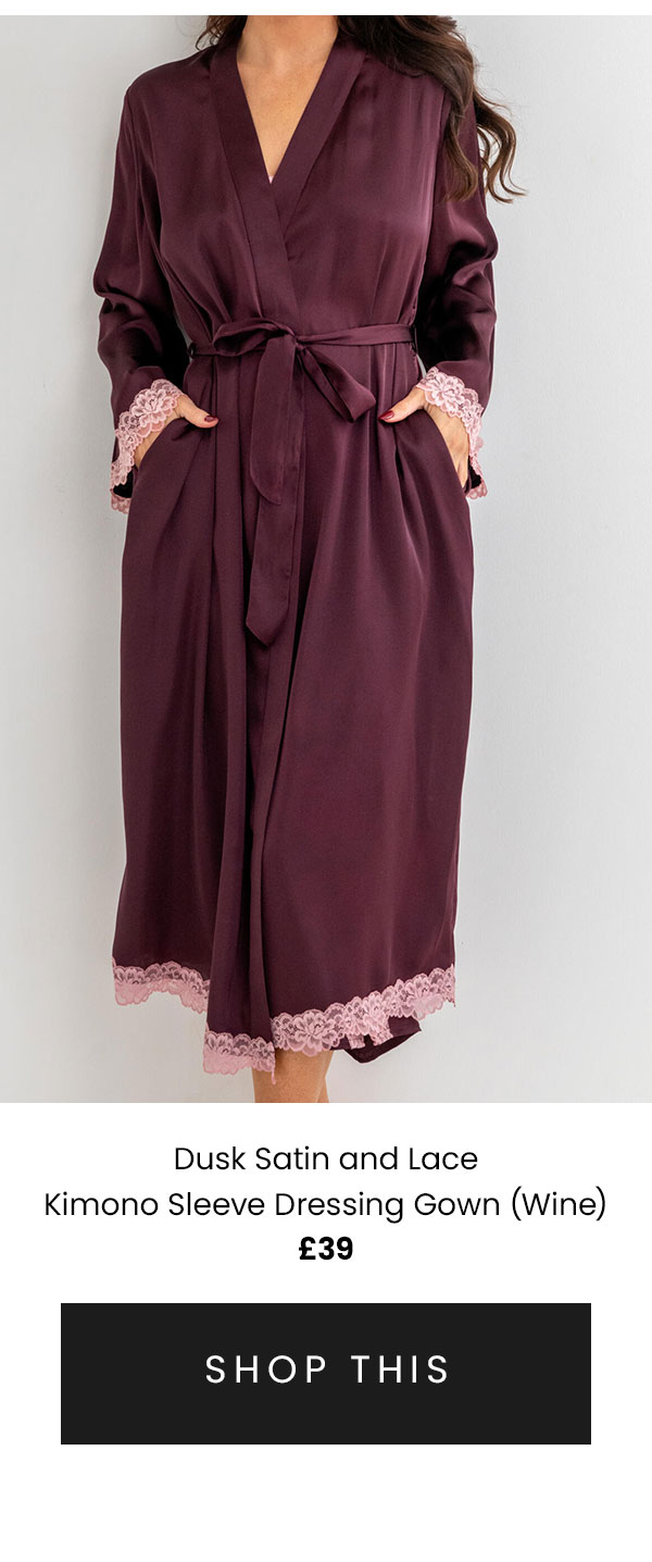 Dusk Satin and Lace Kimono Sleeve Dressing Gown - Wine