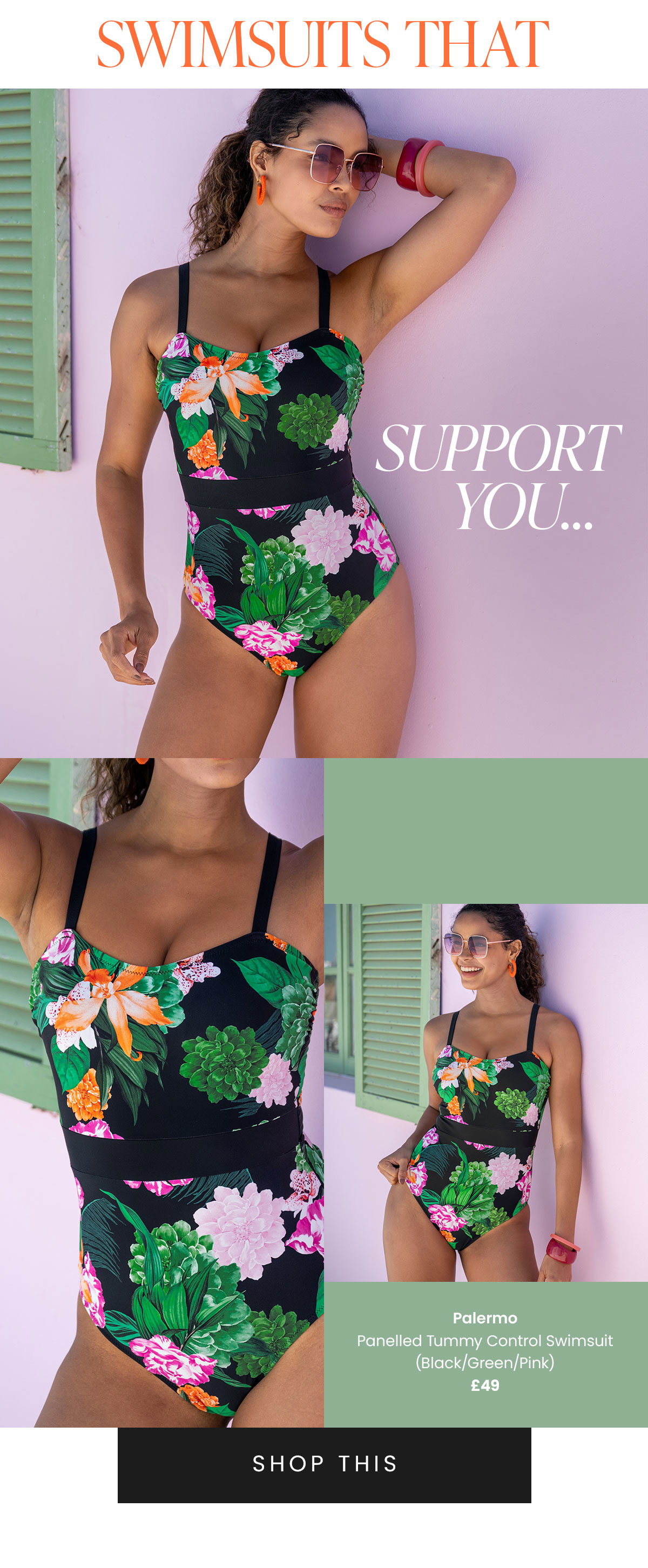 Swimsuits that support you. Palermo Panelled Tummy Control Swimsuit - Black/Green/Pink