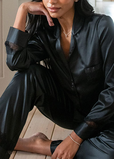 Dusk Satin and Lace Revere Collar Pyjama Set - Black