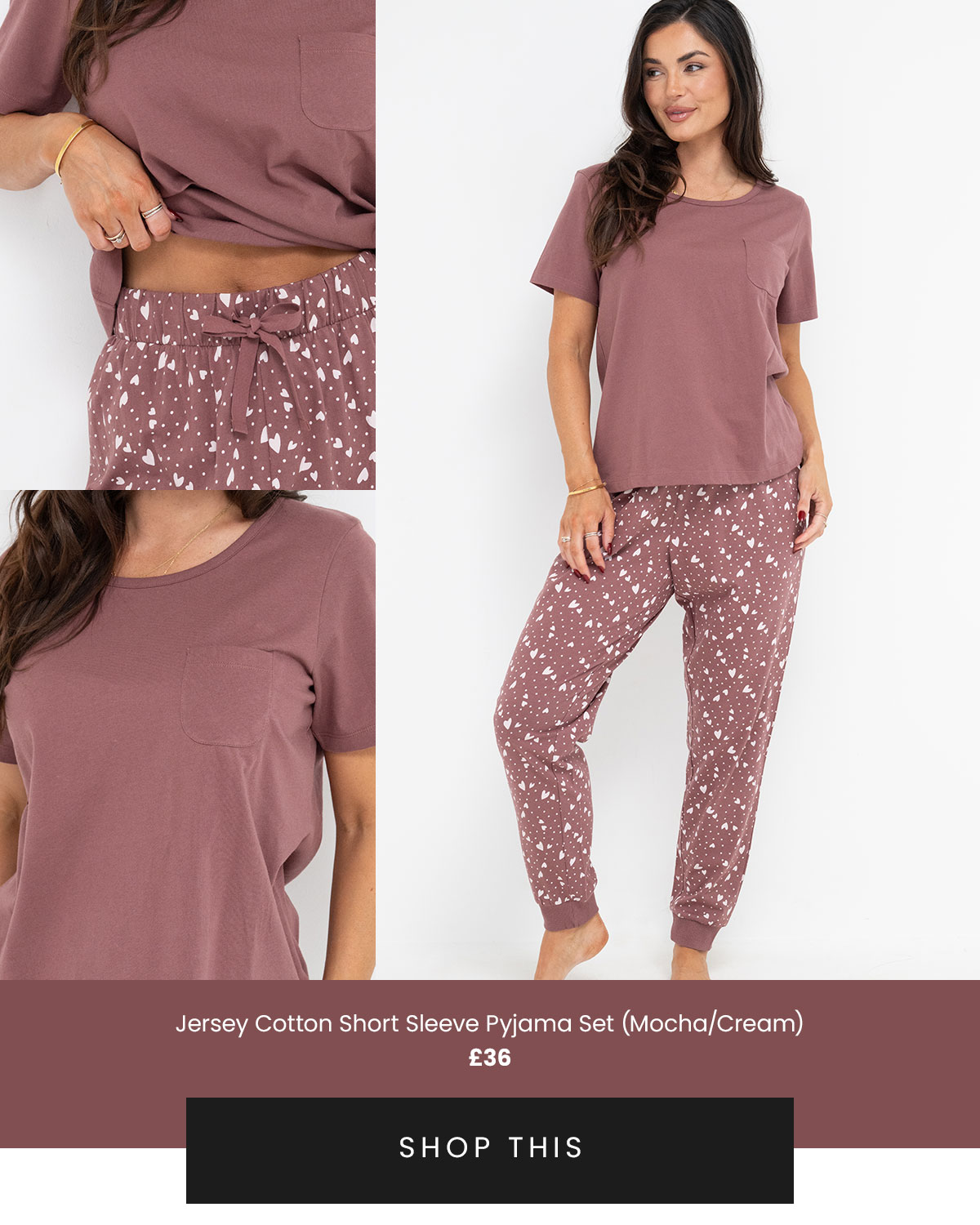 Jersey Cotton Short Sleeve Pyjama Set - Mocha/Cream