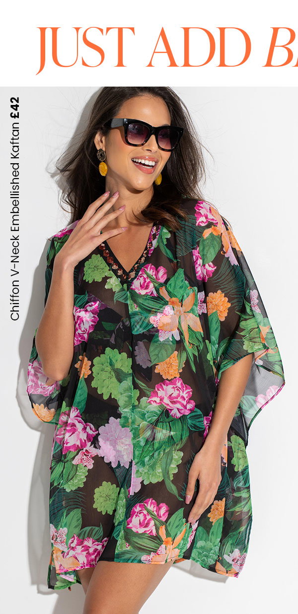 Just add beachwear. Chiffon V-Neck Embellished Kaftan - Black/Green/Pink