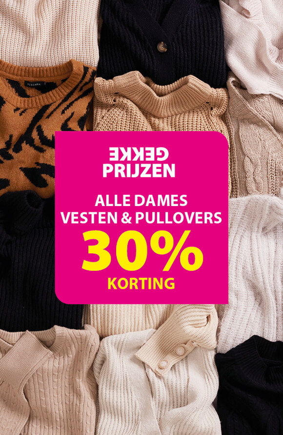 Alle dames vesten en pullovers 30% korting